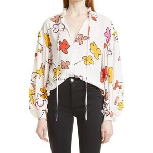 Ted Baker Thurso Floral Blouse Size 4 (Women's 10) White Multicolor Billowy Top